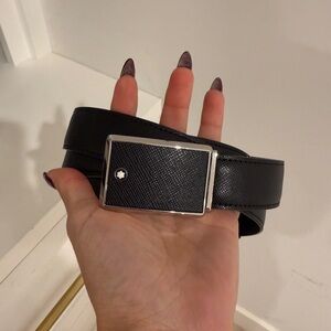 Mont Blanc Black Leather Belt with Textured Silver Buckle